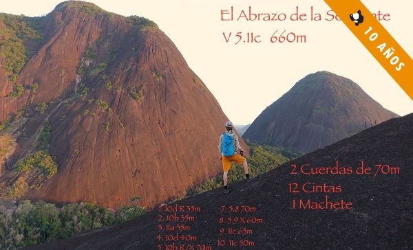 El Abrazo de la Serptiente. 5.11c. Cerros de Mavicure en Guainía.